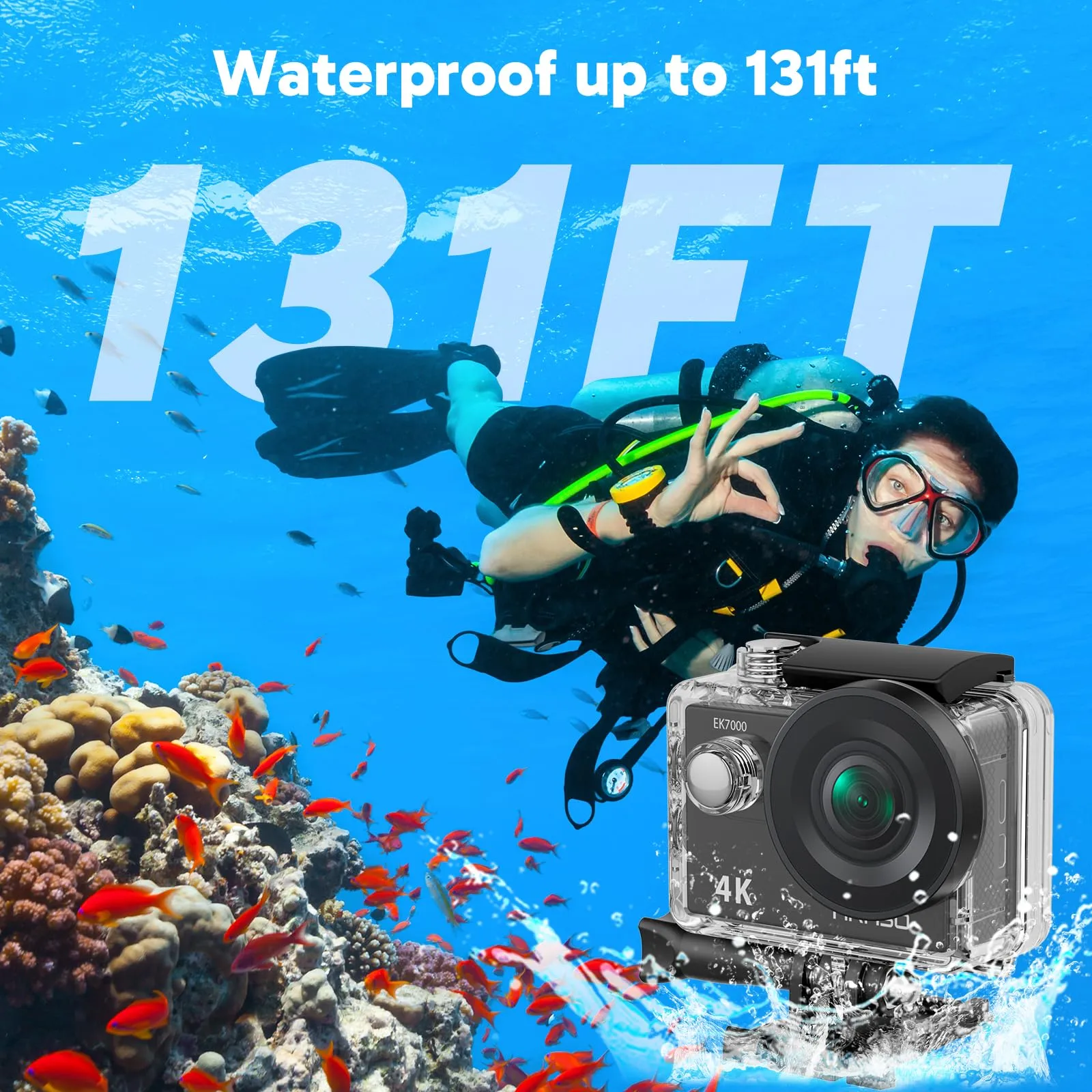 AKASO EK7000 4K30FPS 20MP WiFi Action Camera with EIS Ultra HD Underwater Camera 131FT Waterproof Camera Remote Control 4X Zoom Support External Microphone Black