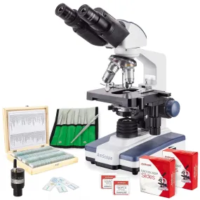 AmScope Binocular Compound Microscope 40X-2500X Magnification Student & Professional w/ LED, 3D Stage   Wi-Fi 2.0MP Digital Eyepiece Camera, 6pc Precision Tweezers, 100pc Prepared Slides, Blank Slide Kit