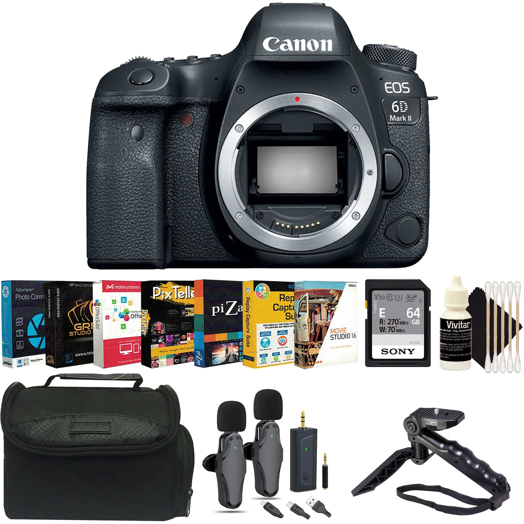 Canon EOS 6D MK II DSLR Camera Body with 2-Person Wireless Lavalier Microphone Set   Photo and Video Editing Suite Bundle