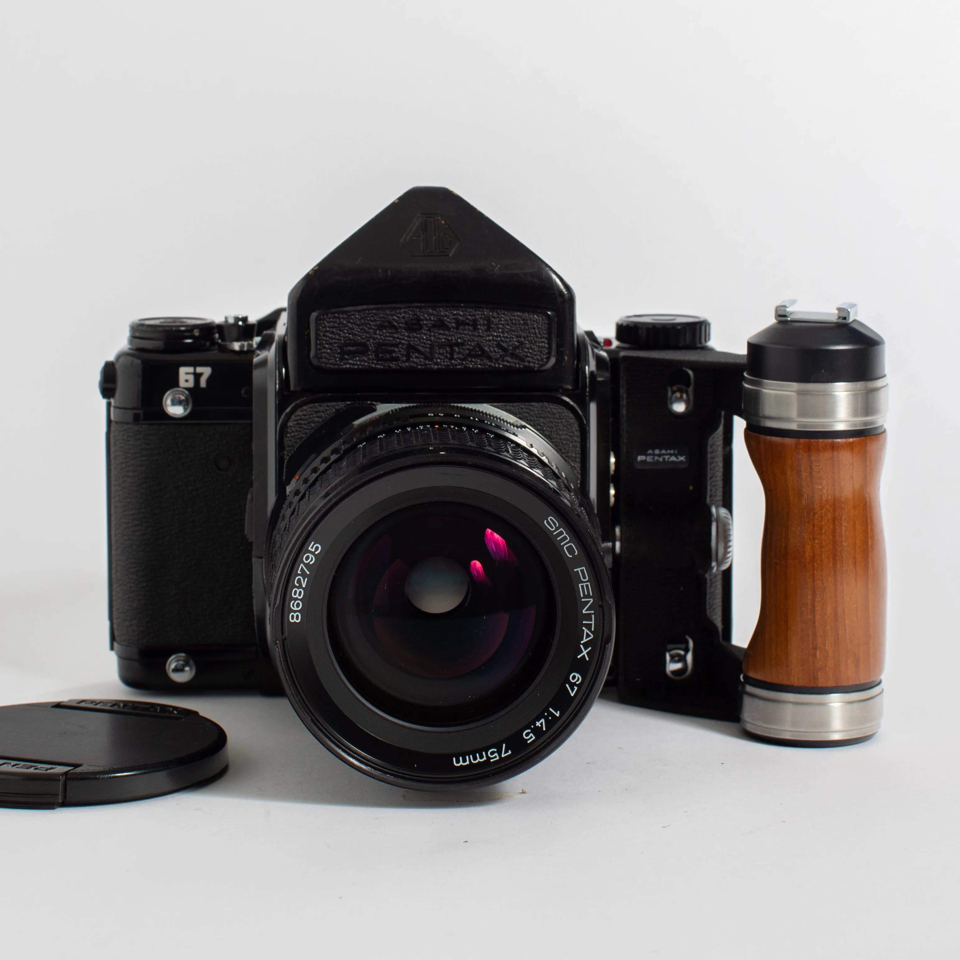 Fresh CLA: Pentax 67 MLU with 75mm f/4.5 lens, 135mm f/4 Macro lens, wooden grip, and Pentax strap