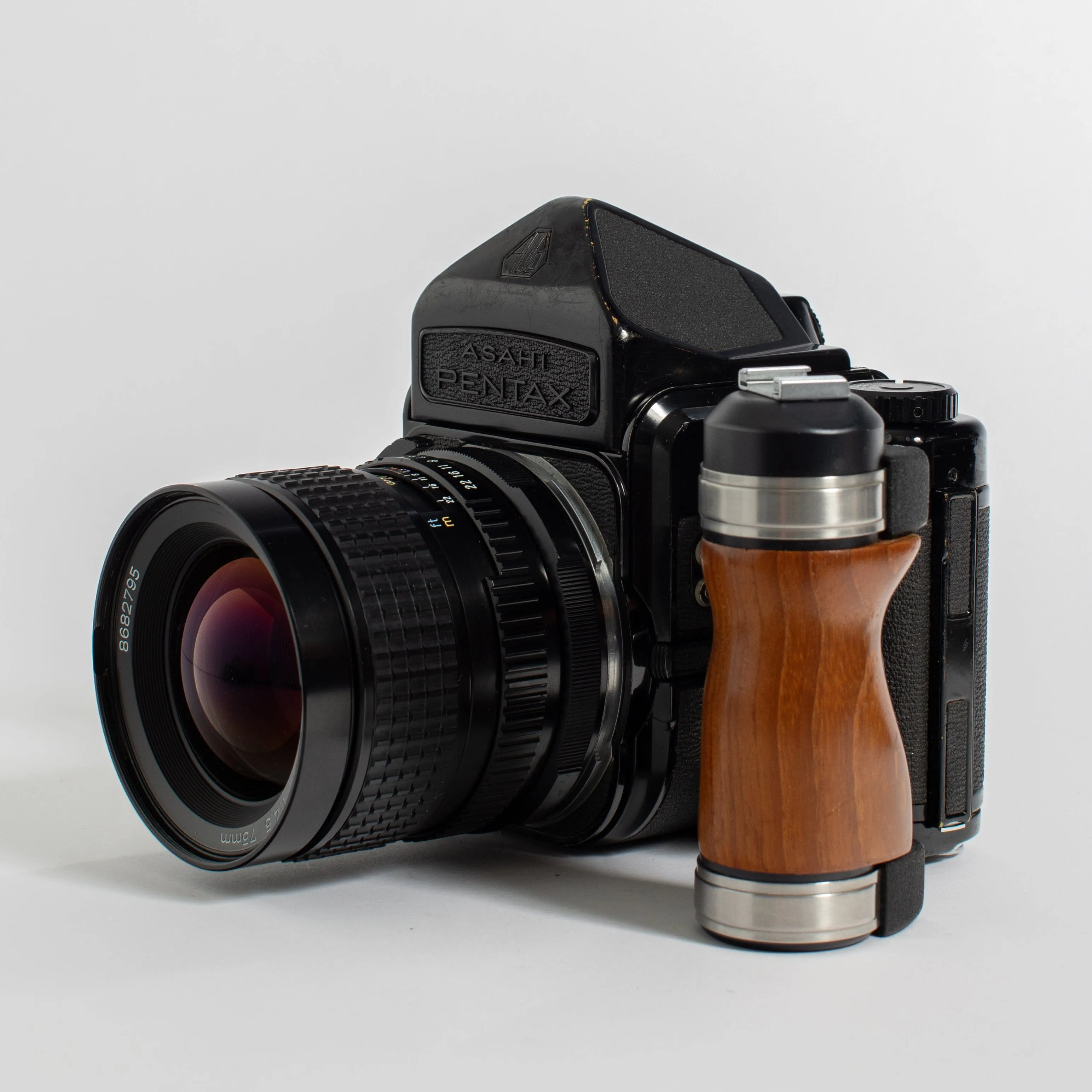 Fresh CLA: Pentax 67 MLU with 75mm f/4.5 lens, 135mm f/4 Macro lens, wooden grip, and Pentax strap