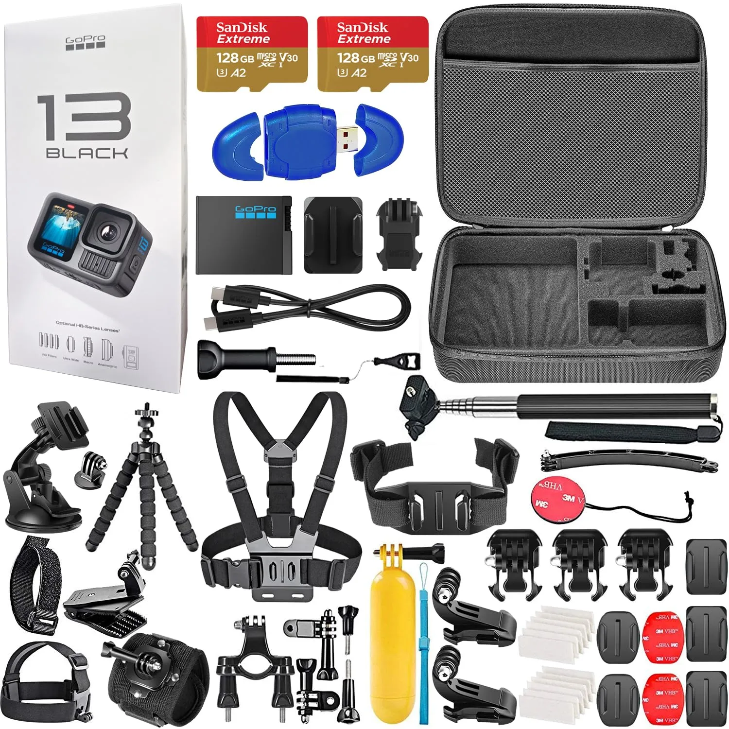 GoPro HERO13 (Hero 13) Black - Action Camera with 5.3K, 27MP Photos, Live Streaming, Webcam   2X 128GB Card, 50 Piece Accessory Kit - Bundle