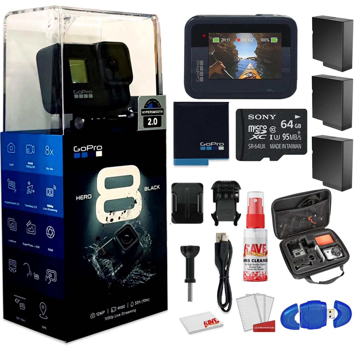 GoPro HERO8 Black Digital Action Camera - Waterproof - With Cleaning Set   Case   64GB Memory Card and 3 x Extra Batteries