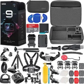 GoPro HERO9 Black SanDisk 64GB   Hard Case   Chest Strap Mount   Head Strap Mount   Flexible Tripod   Monopod   Floating Handle Action Bundle