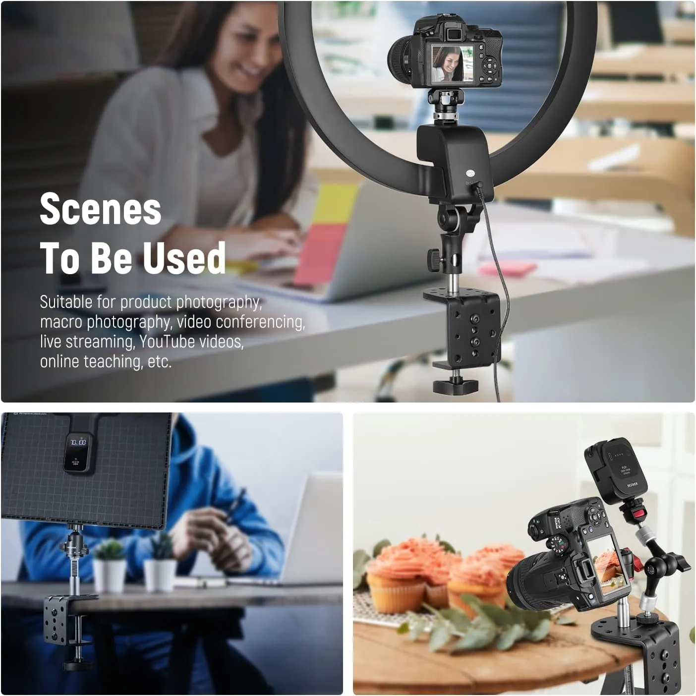 Heavy Duty C Desk Clamp with Mounting Column for Light Stand, Adjustable Metal Table Clamp with 1/4" 3/8" Threads for Ring Light LED Video Light Camera, Max Load 44lb/20kg, ST-CCD1