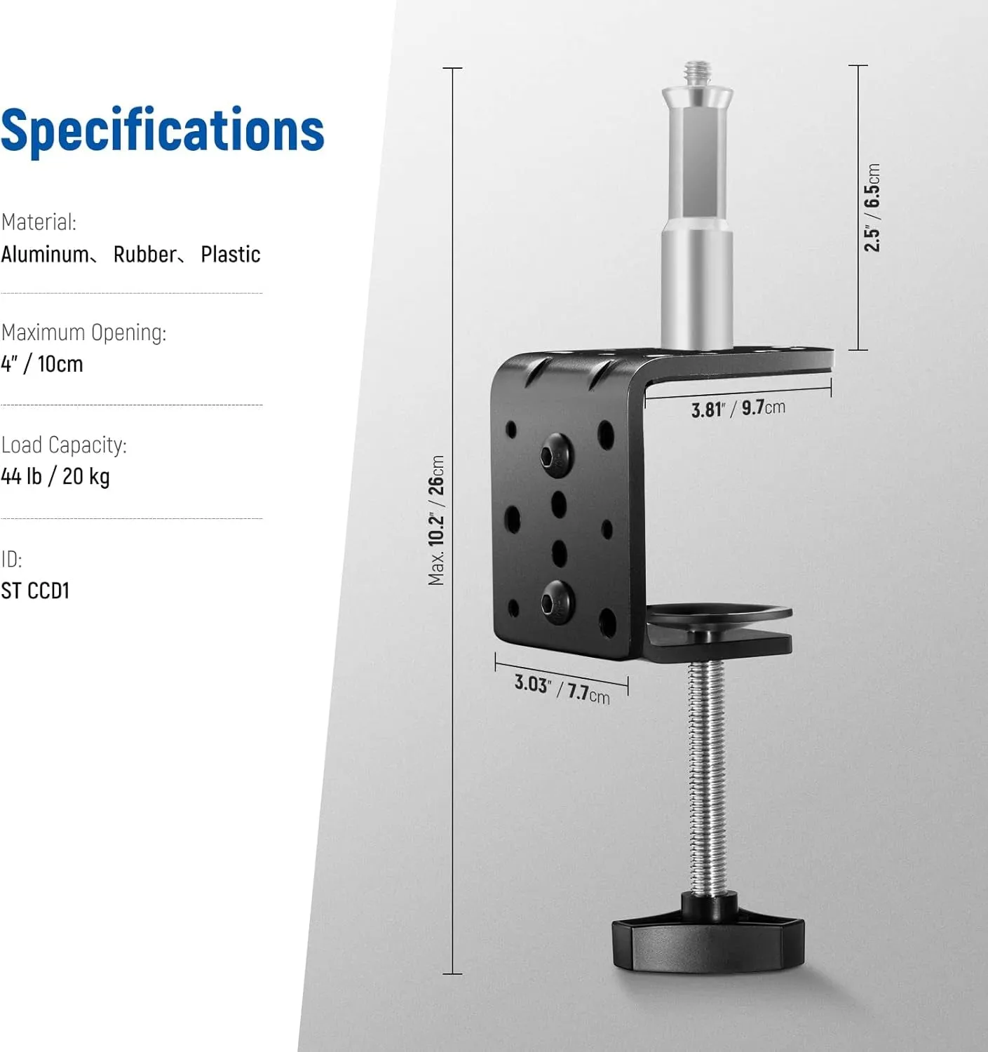 Heavy Duty C Desk Clamp with Mounting Column for Light Stand, Adjustable Metal Table Clamp with 1/4" 3/8" Threads for Ring Light LED Video Light Camera, Max Load 44lb/20kg, ST-CCD1