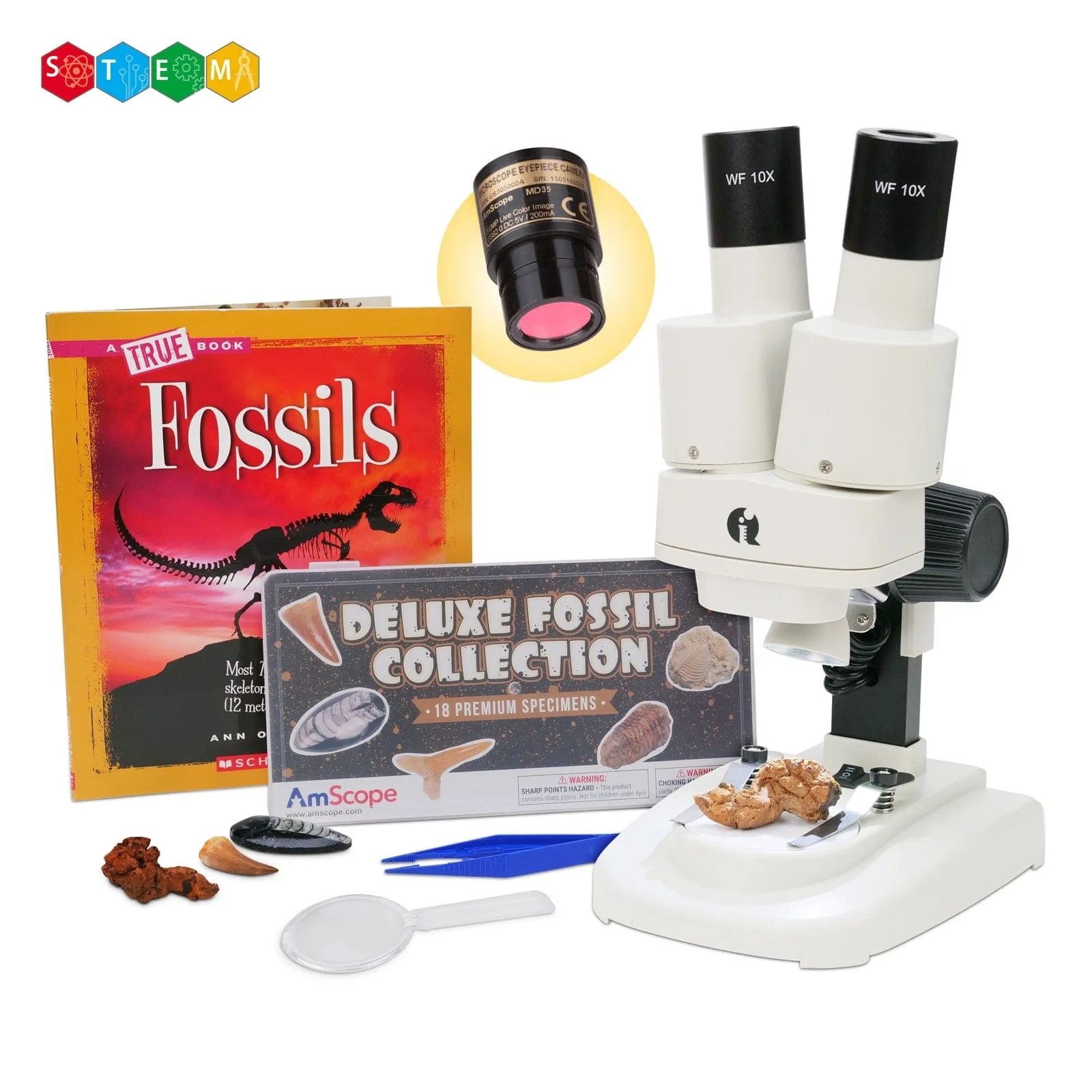 IQCrew By AmScope Kid's SE102 Series Deluxe Binocular Stereo Microscope 20X-50X Magnification on Track Stand with Digital Color Eyepiece Camera, Fossil Collecting Activity Kit with Dual-Illumination