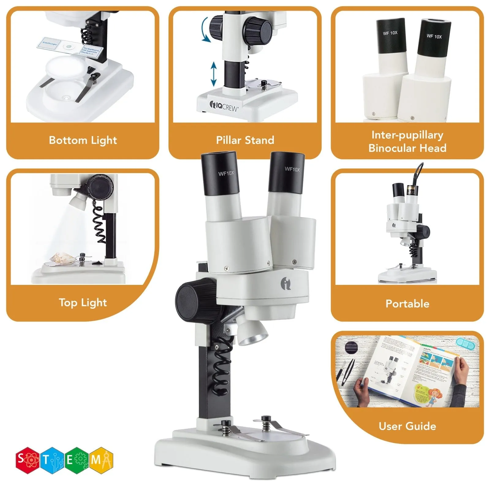 IQCrew By AmScope Kid's SE102 Series Deluxe Binocular Stereo Microscope 20X-50X Magnification on Track Stand with Digital Color Eyepiece Camera, Fossil Collecting Activity Kit with Dual-Illumination