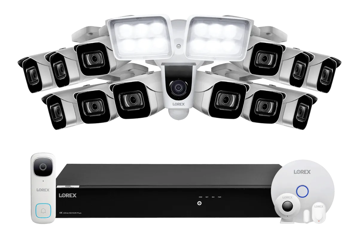 Lorex Fusion 4K 16-Channel 3TB Wired NVR System with 12 Cameras   2K Wi-Fi Video Doorbell, Wi-Fi Floodlight Camera and Smart Sensor Kit