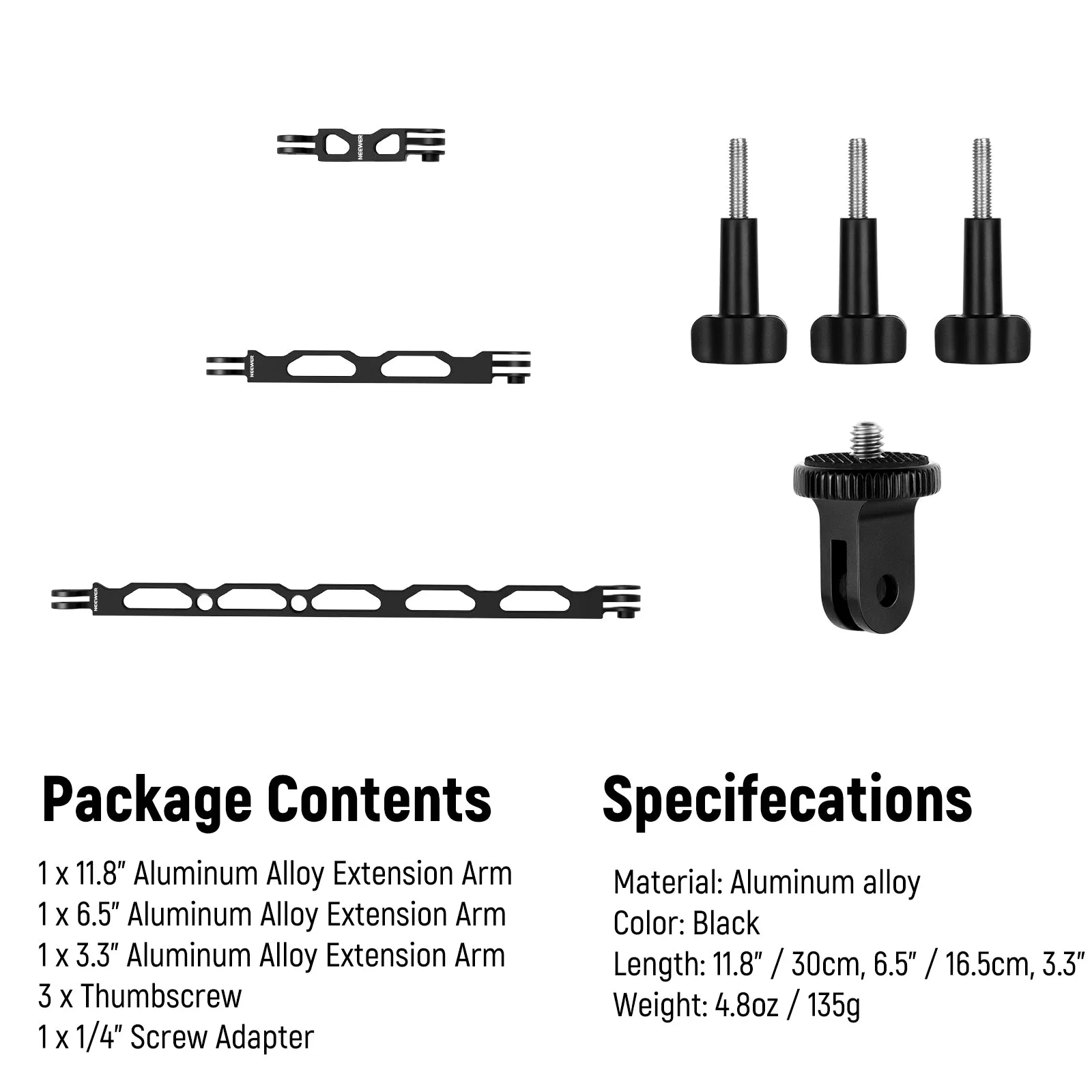NEEWER Aluminum Alloy Extension Arm (11.8”/6.5”/3.3”) Set