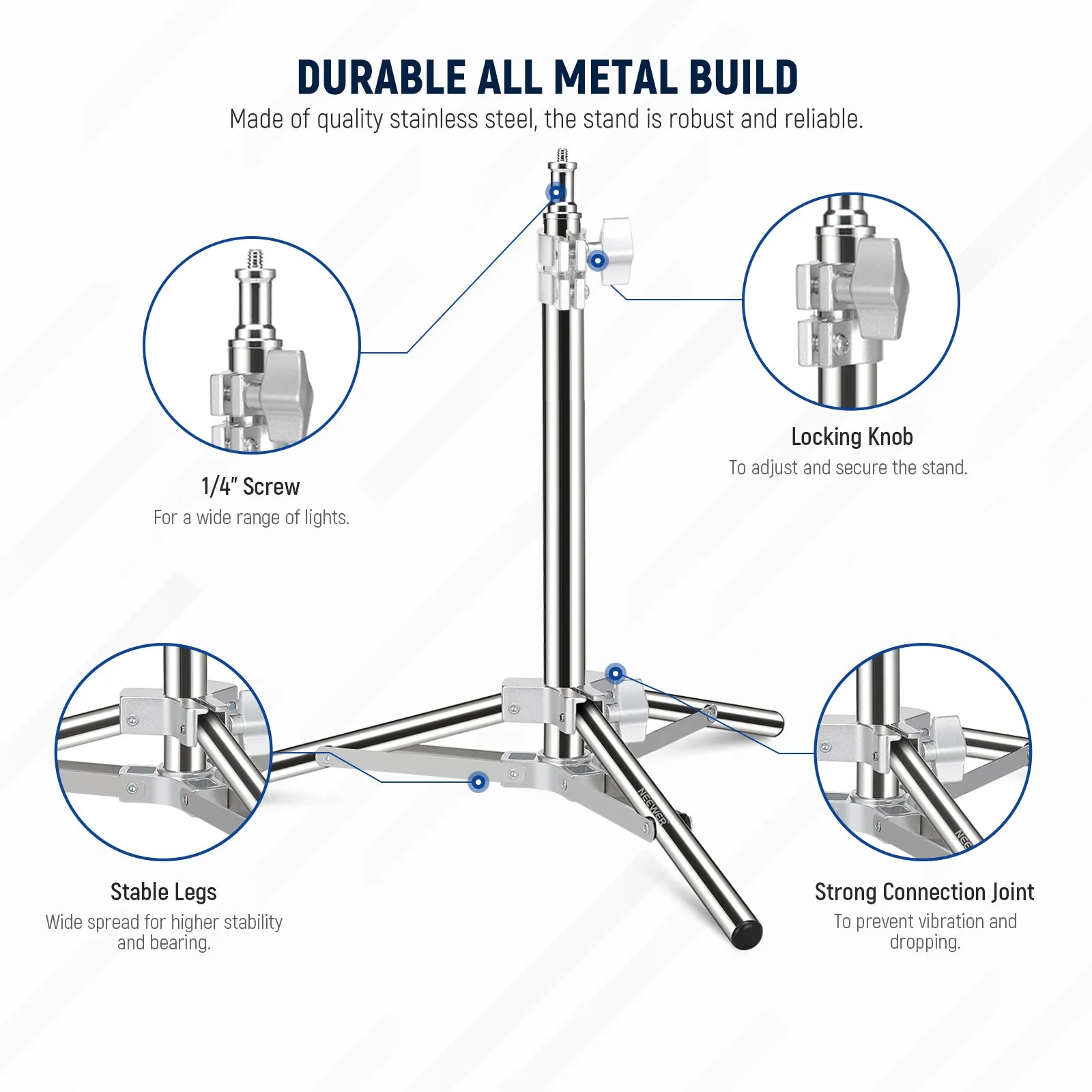 Durable NEEWER ST-50SS Stainless Steel Photography Light Stand with Adjustable Height