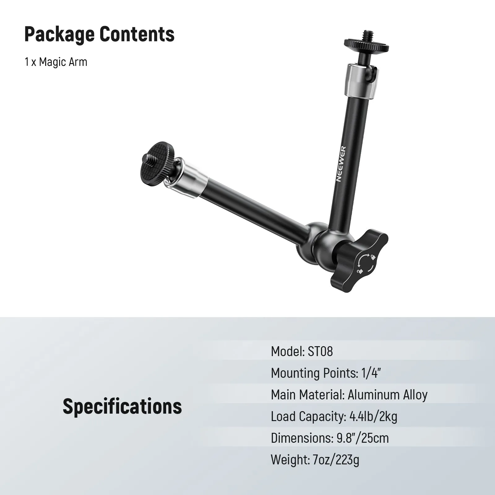 Certainly! Here’s an optimized title for the e-commerce product:

**NEEWER ST08 9.8 (25cm) Adjustable Aluminum Alloy Magic Arm for Photography and Videography**

This title clearly communicates the products key features while enhancing its appeal for potential buyers.