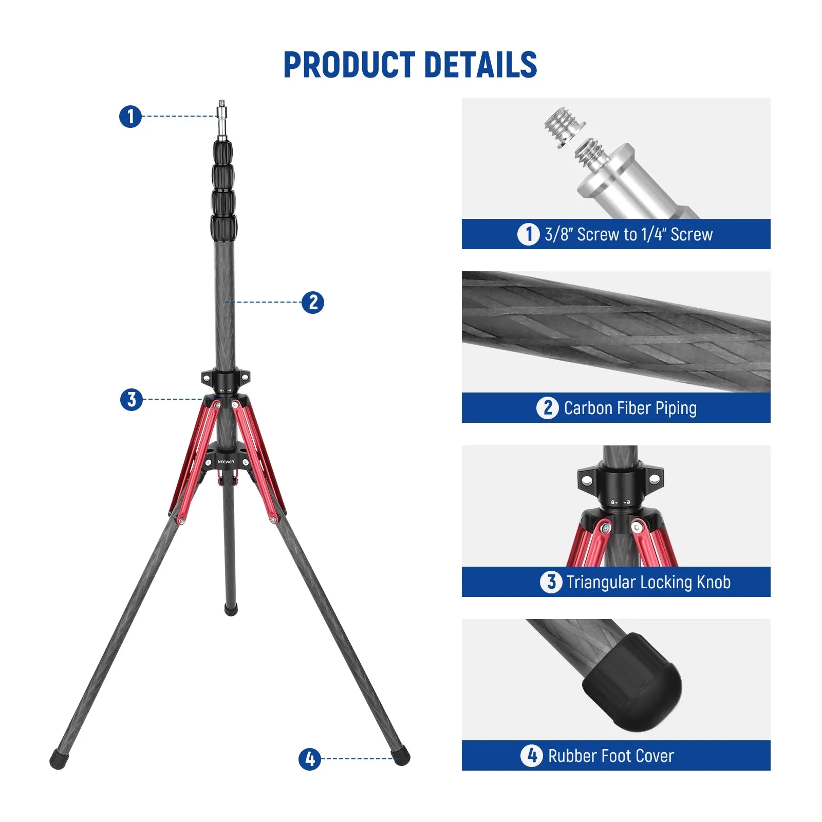 NEEWER ST210R Carbon Fiber Light Stand with 180° Reversible Legs