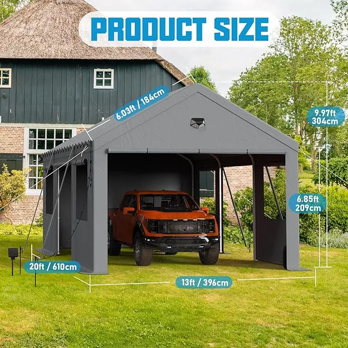 SANNWSG 12x20FT Heavy Duty Carports, Portable 2 Car Port Garage, Carport Canopy with Side Roll Up Doors, All Weather Car Shelter, Grey