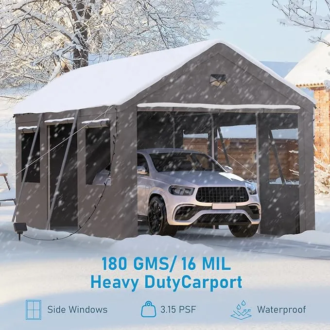 SANNWSG 12x20FT Heavy Duty Carports, Portable 2 Car Port Garage, Carport Canopy with Side Roll Up Doors, All Weather Car Shelter, Grey