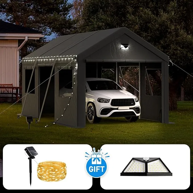 SANNWSG Carport Canopy 10x16 FT Heavy Duty, Carport Canopy with Side Roll UP Doors, Portable Car Port Garage, Car Shelter All Weather, Grey