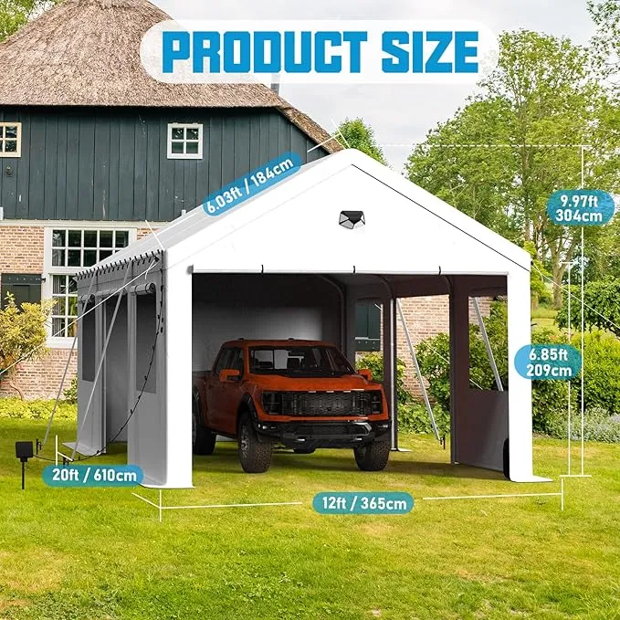 SANNWSG Carport Canopy 12x20FT Heavy Duty, Carport Canopy with Side Roll Up Doors, Portable Car Port Garage, Car Shelter All Weather, White