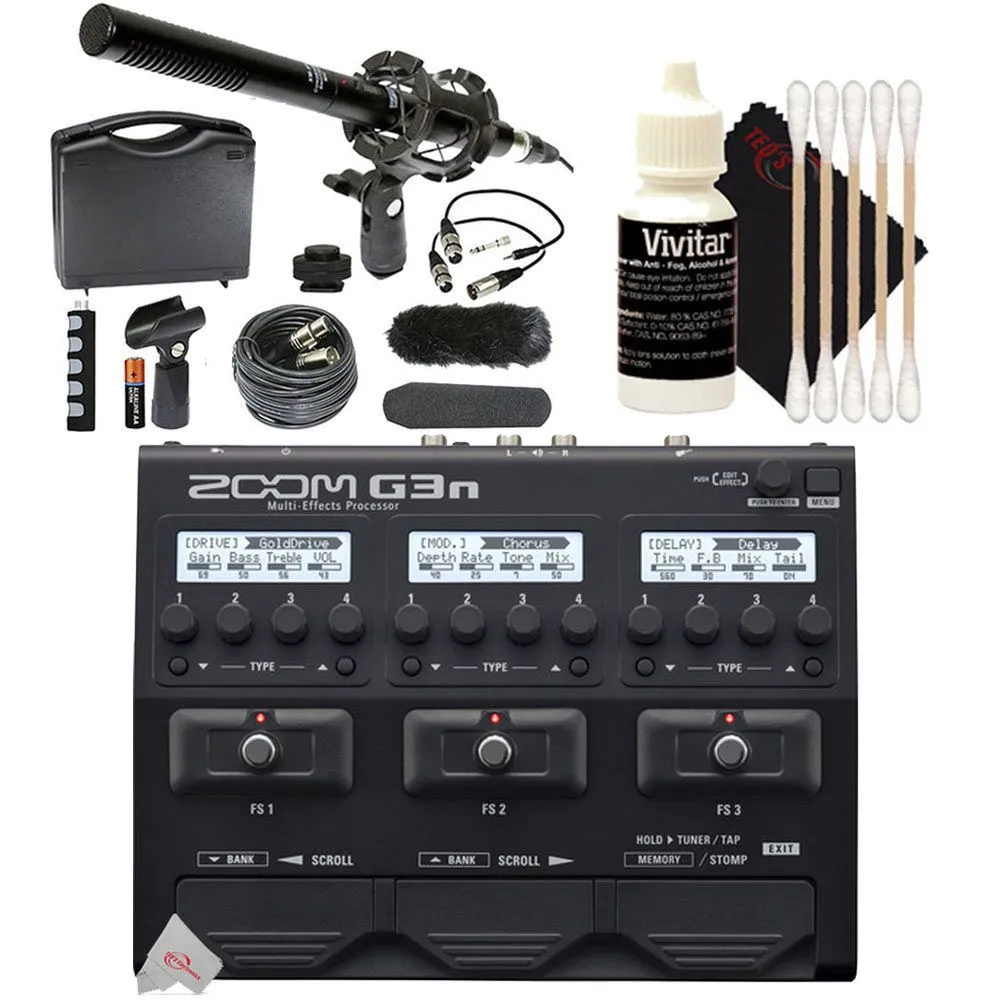 Zoom G3n Multi-Effects Pedal Processor For Electric Guitar   VidPro 1" Pro Shotgun Microphone Kit w/ Case and Accessories   3pc Cleaning Kit